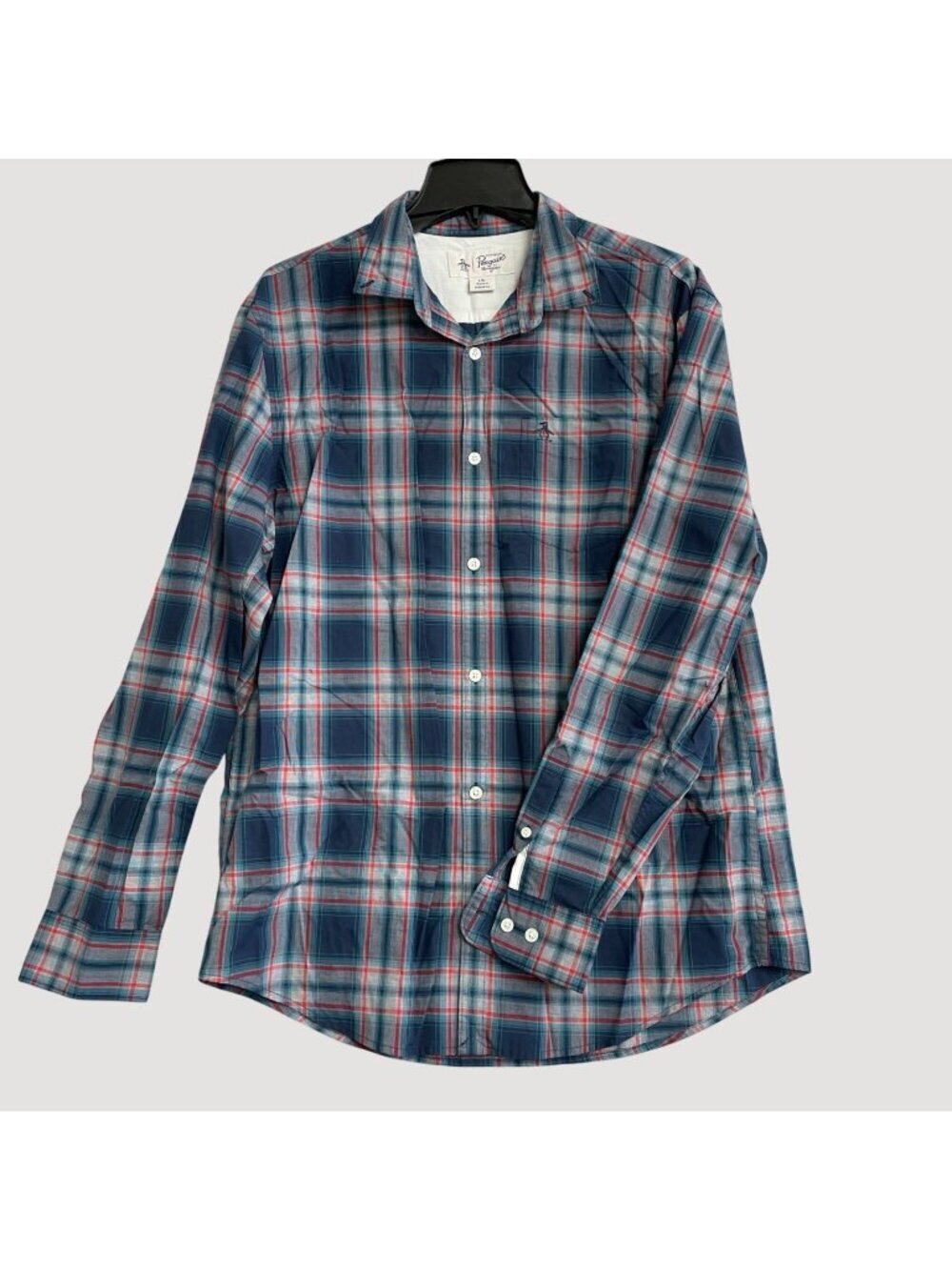 Original Penguin Men’s Size L Blue/Red Long Sleeve Plaid Button-Down Shirt P0391